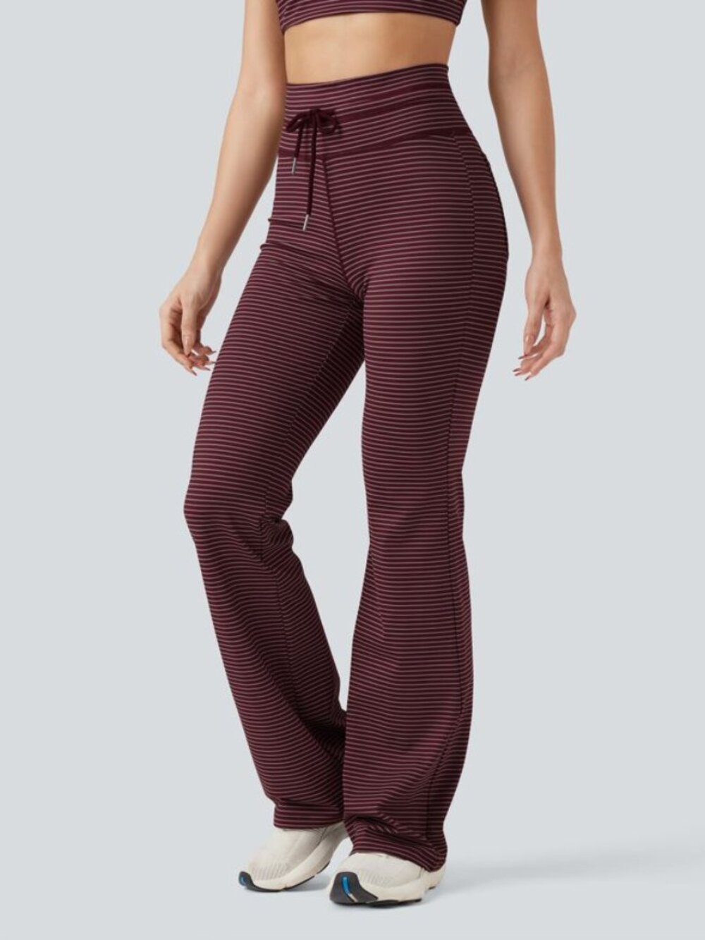 High Waisted Drawstring Stripe Flare Yoga Pants with Pockets | XS | Tall